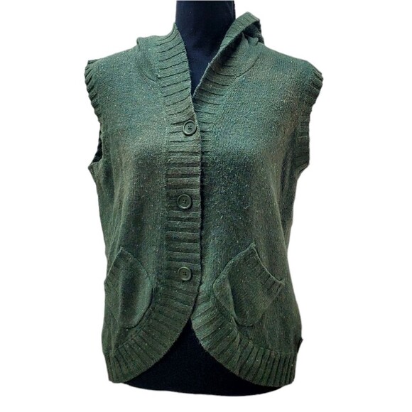 WOOLRICH Spruce Green Ramie Knit Sweater Hooded Vest Cardigan in Size M - Picture 1 of 7